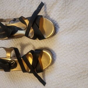 Audrey Black and Gold Sandals with Strappy Design
